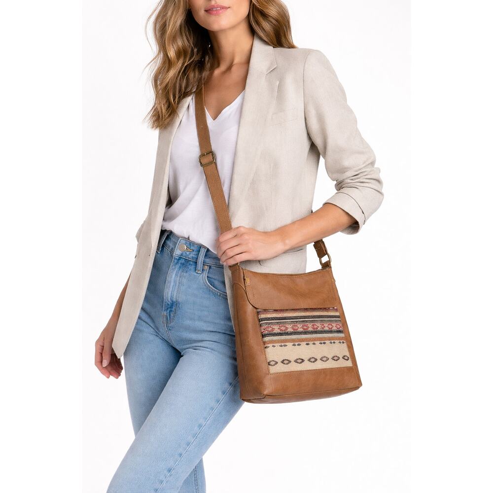 The Sak Tan Leather Crossbody Shoulder Bag with Multicolor Aztec Panel